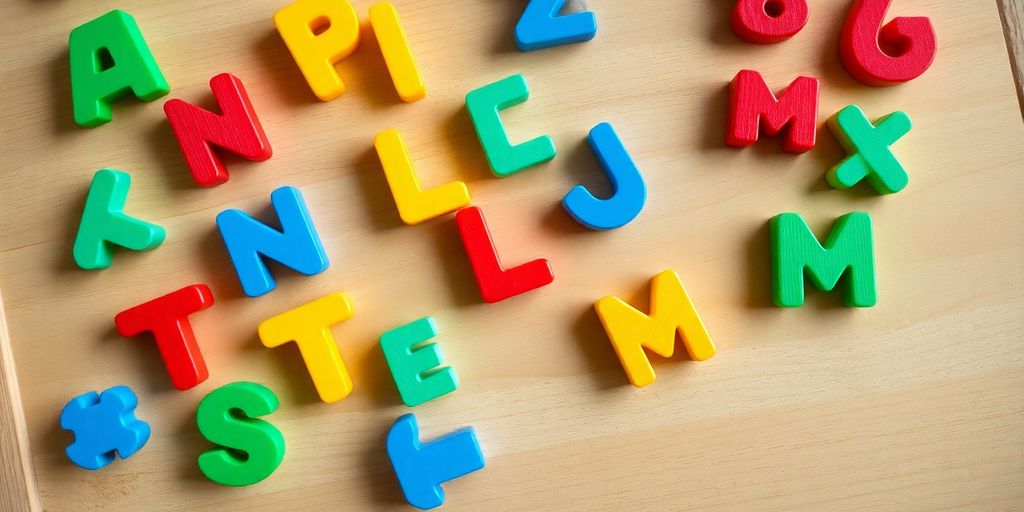 Houten letter- en cijferbord met kleurrijke letters.