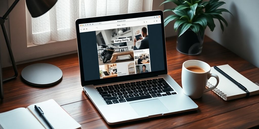 Imagem de um laptop com café e caderno.
