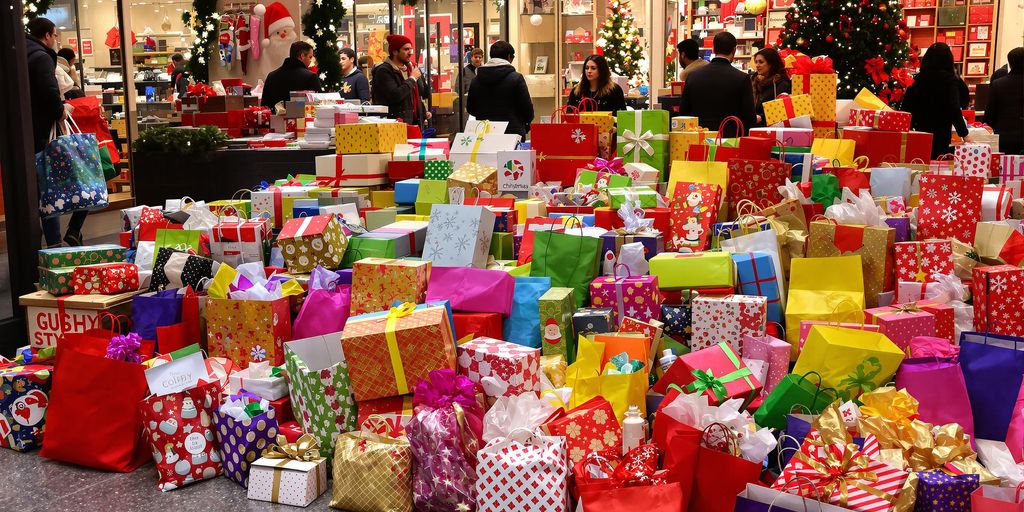 Festive shopping bags and gift boxes fill a store.