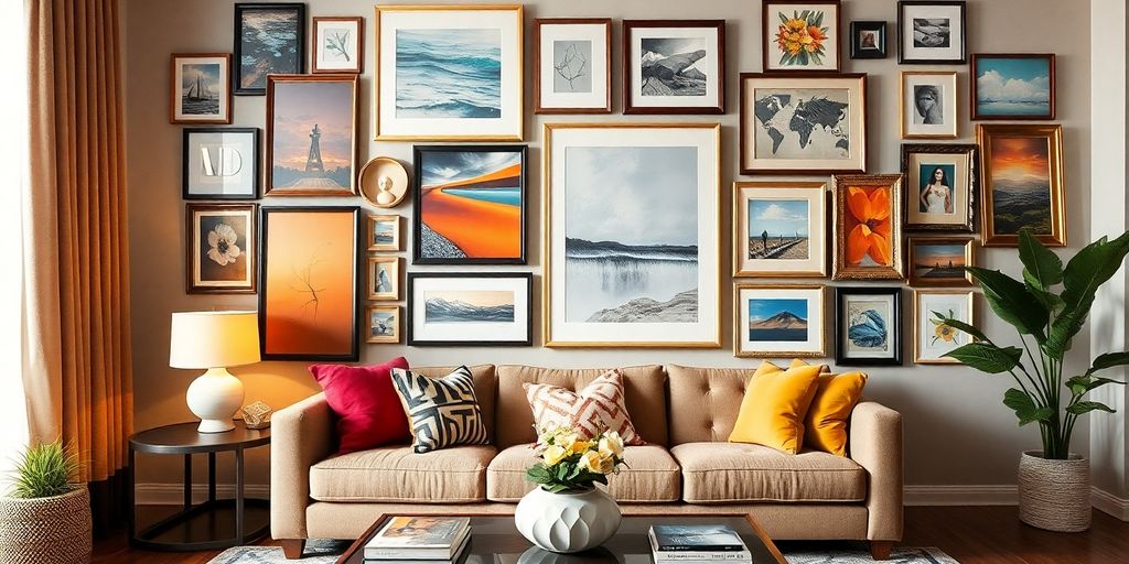 Art stacks on a living room wall for decor inspiration.