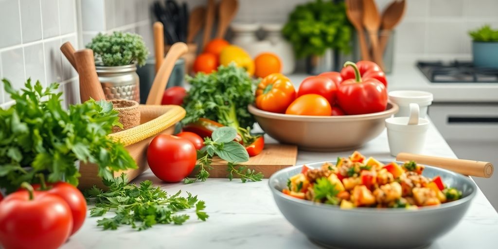 Fresh ingredients and simple dishes on a clean kitchen counter.