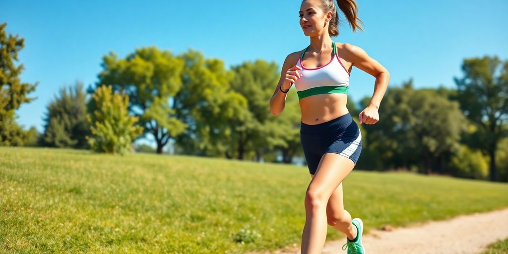 Fit person jogging in a sunny park.