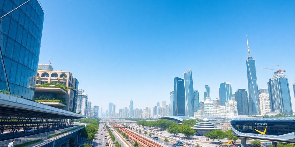Futuristic smart city skyline with advanced technology and greenery.
