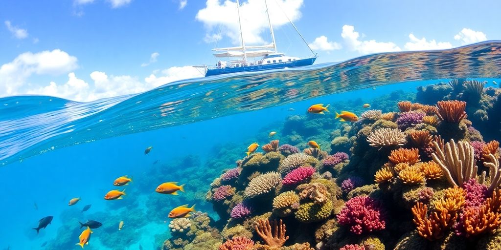 Underwater scene with coral reefs and colorful fish.