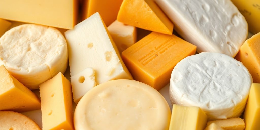 Close-up of various cheeses with visible protein content.