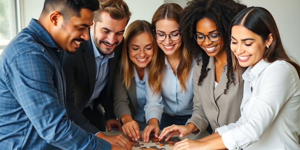 Diverse group collaborating on puzzle, smiling