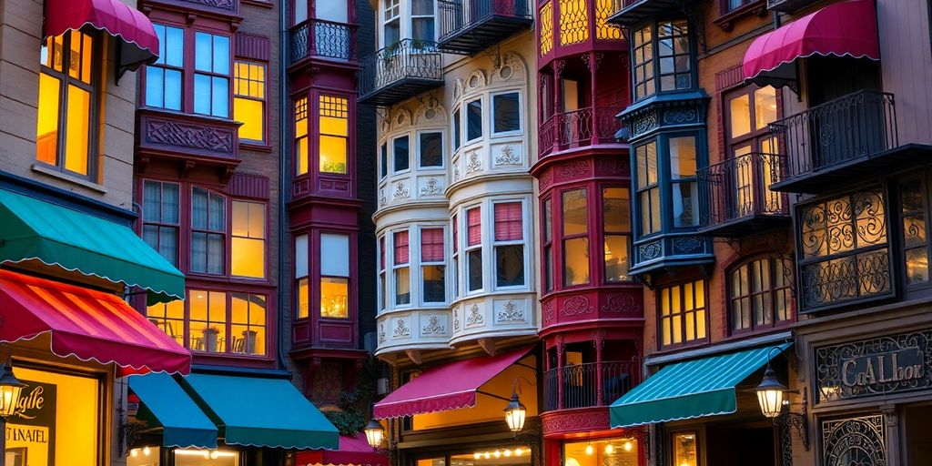 Bright storefronts with eye-catching displays.
