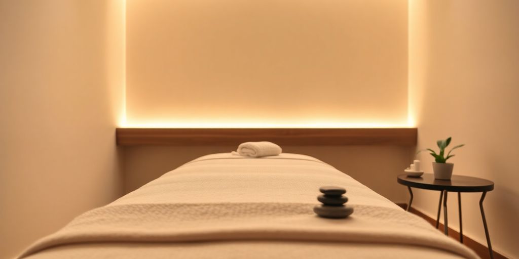 Serene spa room with massage table and soft lighting.