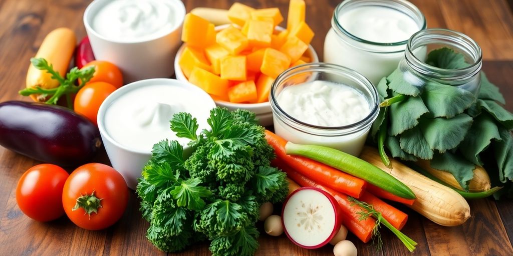 Assorted probiotic foods on a wooden table.