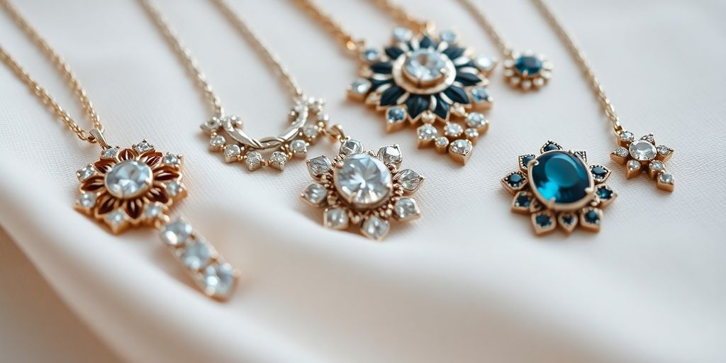 Bijoux d'occasion sur tissu doux, prêts à être vendus.