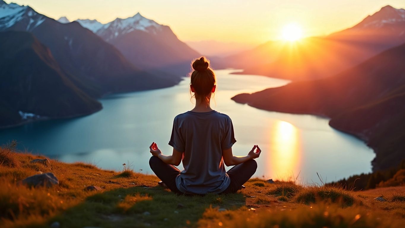 Person meditating on a hill at sunset