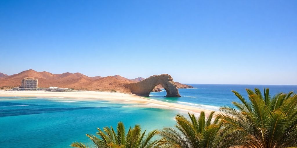Coastal landscape with rocky arches and turquoise water.