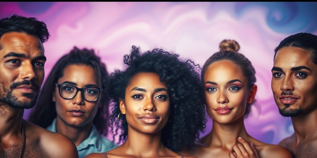 Diverse individuals, fluid colors, abstract background.