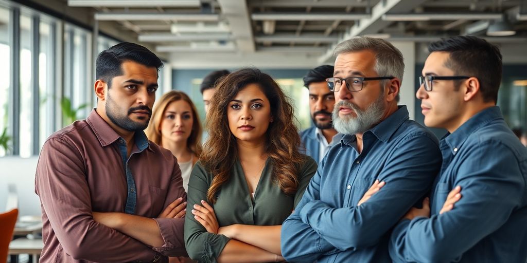 Diverse employees discussing layoffs in a corporate office.