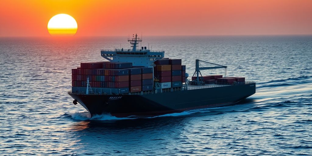 Cargo ship sailing at sunset with stacked containers.