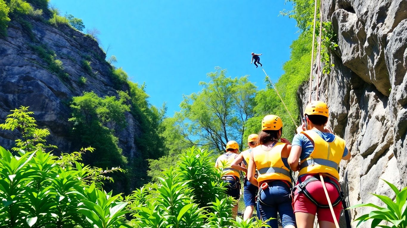 Adventurers rappelling down a cliff with safety gear.