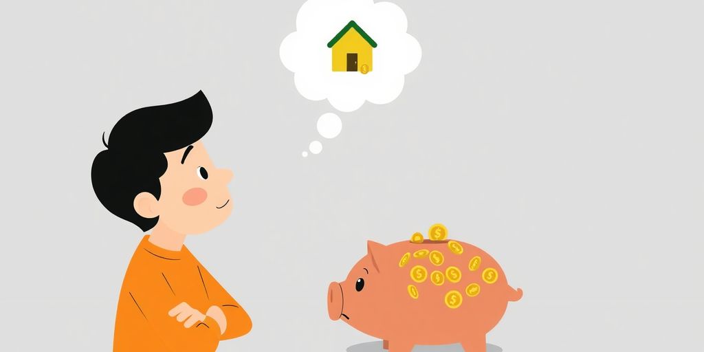 Piggy bank, coins, person, thought bubble, house