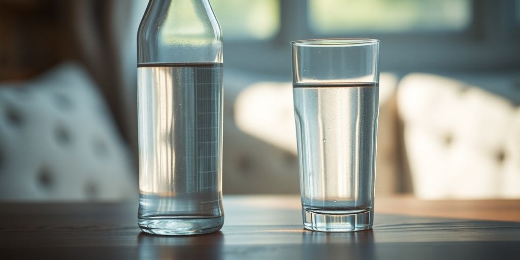 Water glass next to an empty beer bottle on table.