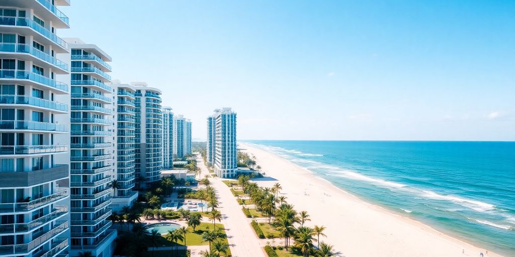 Sunny Isles beachfront with luxury residences and palm trees.