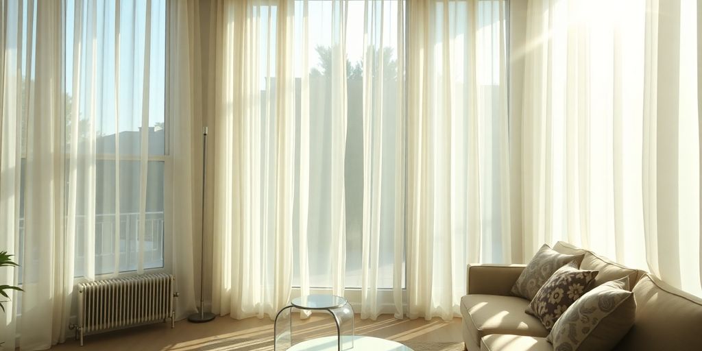 Bright living room with elegant window coverings.