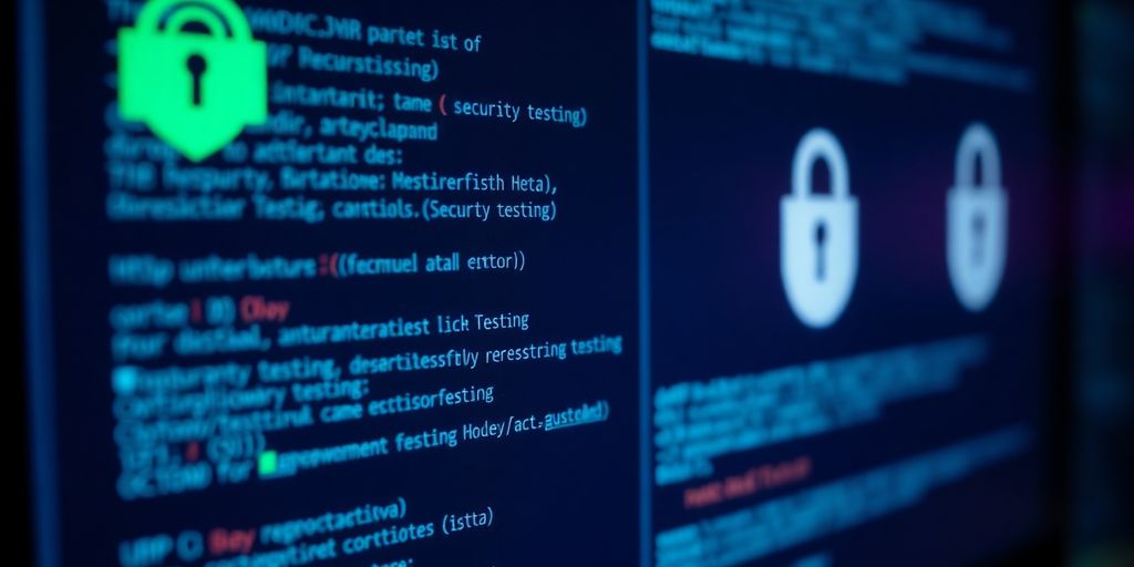 Computer screen with code and security icons, no people.