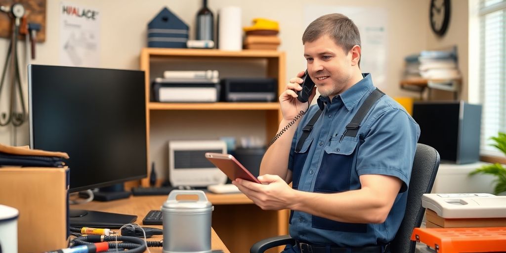 HVAC technician talking on phone with customer in office.