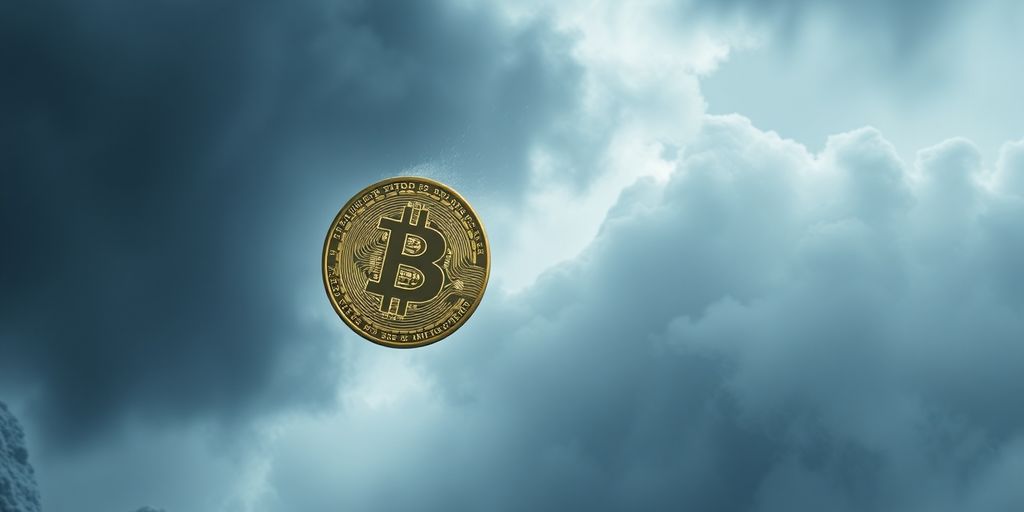 Bitcoin coin falling through icy clouds.