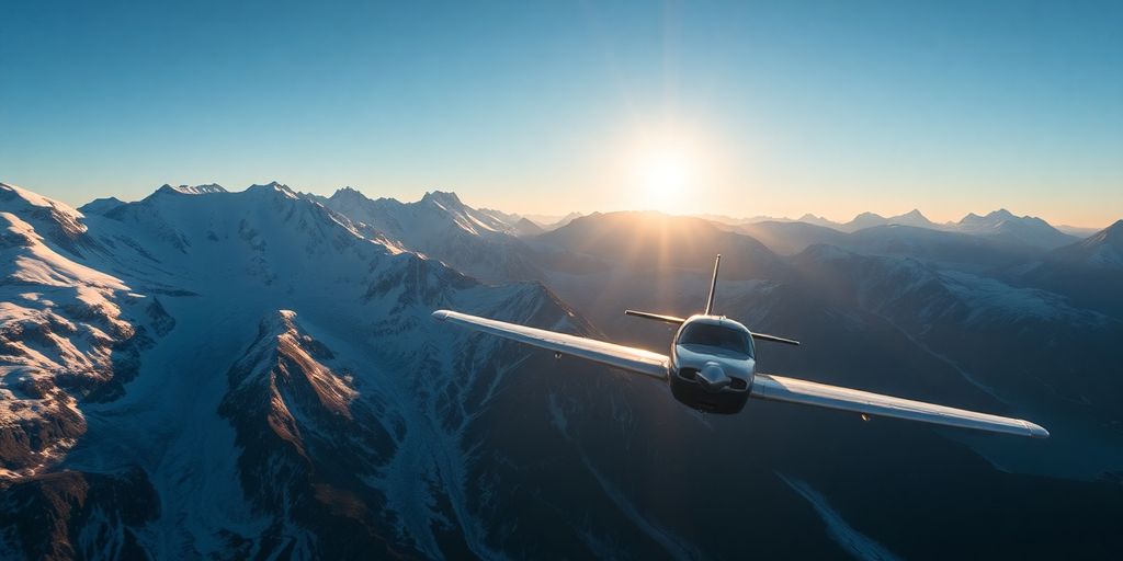 A small plane flies over majestic, snow-covered Alaskan mountains.