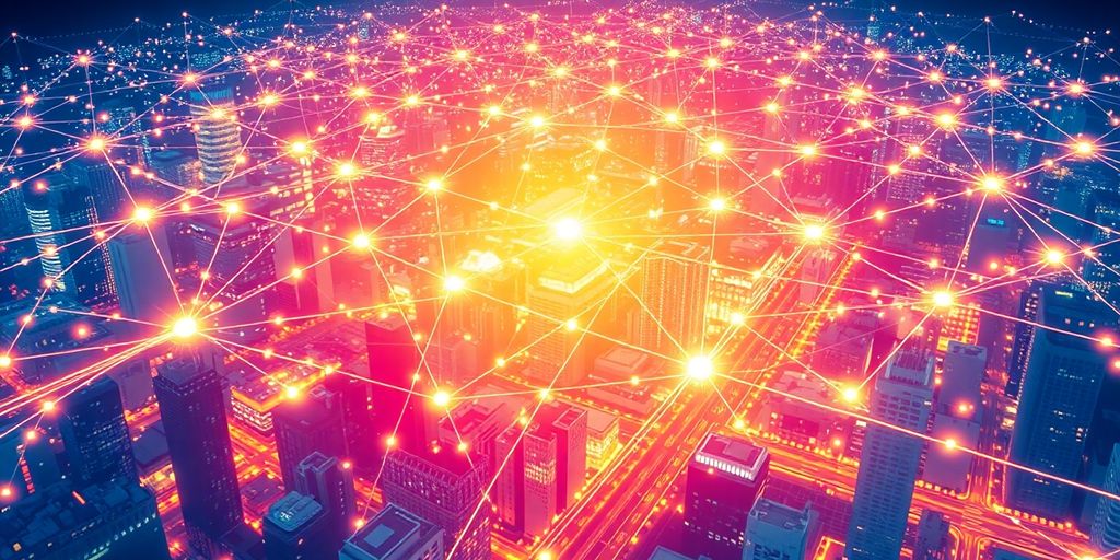 Abstract digital network connections forming a glowing futuristic cityscape.