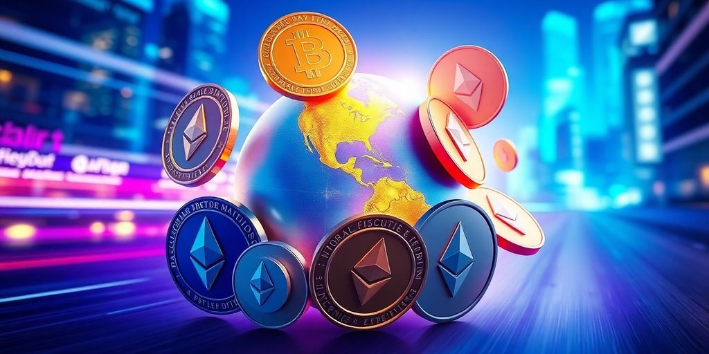 Digital coins swirling around a globe.