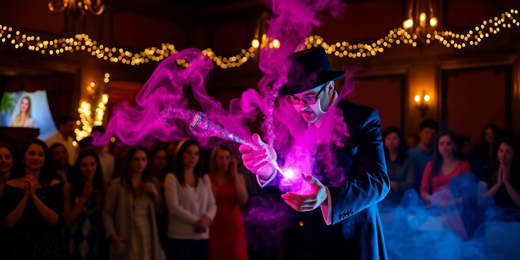Magician performing with smoke and lights in Leicestershire.
