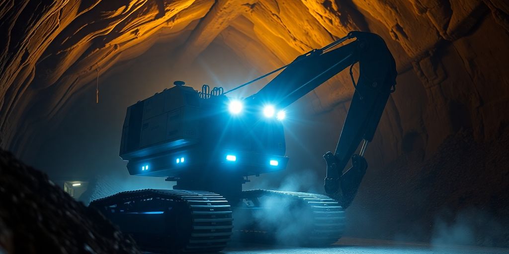 Robot minier futuriste dans une mine illuminée