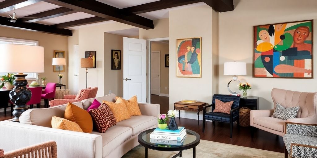 Modern living room with unique furniture and vibrant decor.