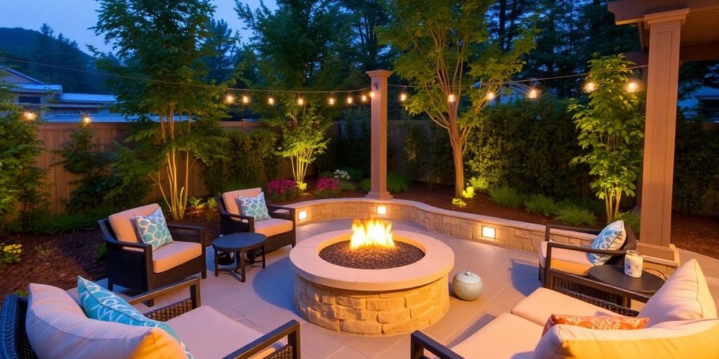 Cozy outdoor living space with furniture and greenery.