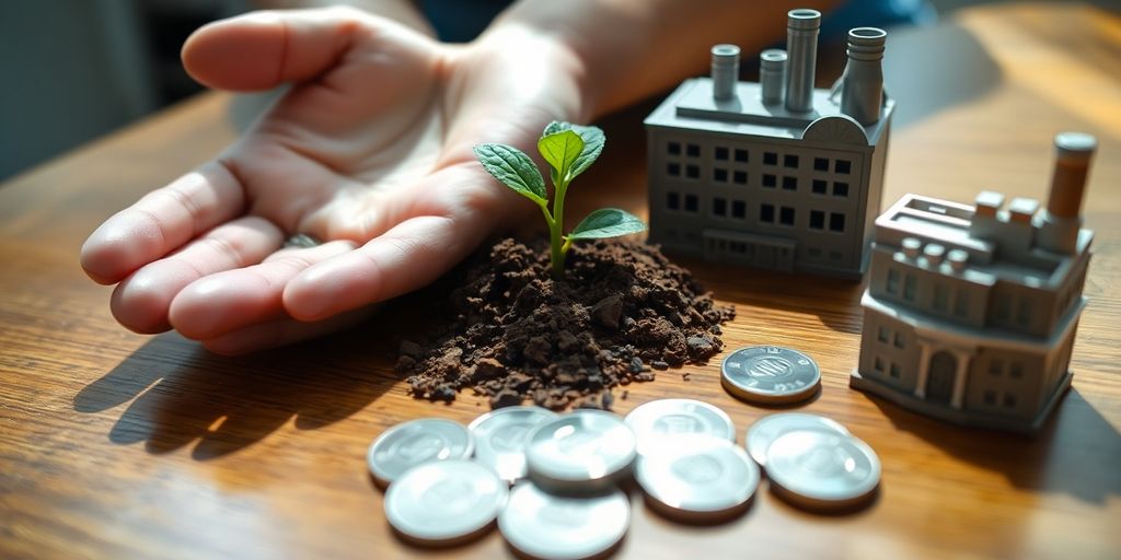 Hands holding sprouting plant, coins, miniature factory. Growth.