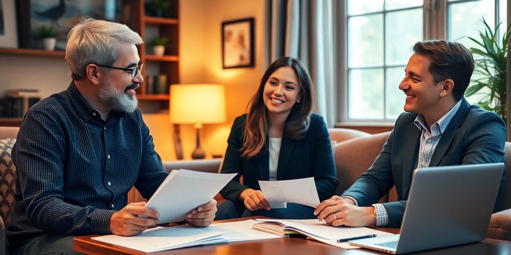 Couple consulting with a mortgage loan broker in office.