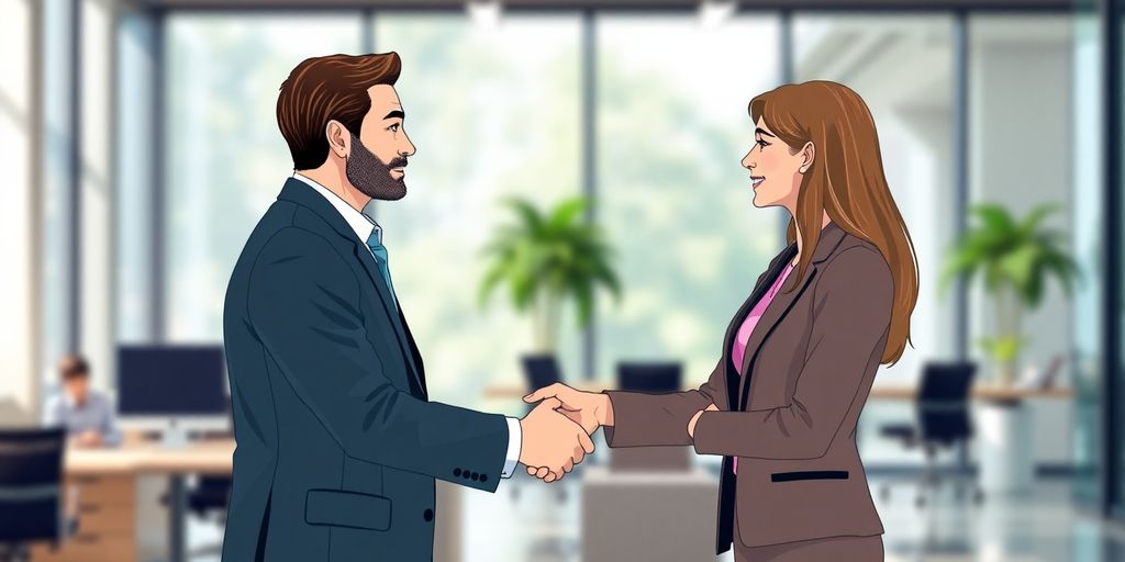 Two diverse professionals shaking hands in a modern office.