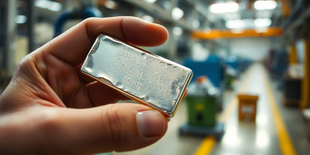Main tenant de l'argent avec fond d'usine