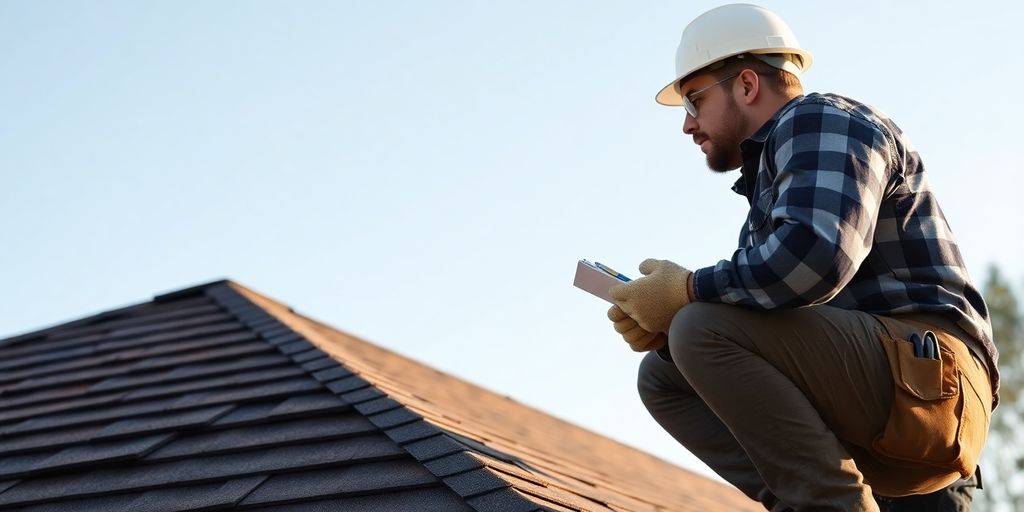 Man on roof inspects shingles.