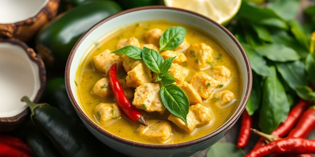 แกงเขียวหวานไก่ในชามสวยงามพร้อมวัตถุดิบสด