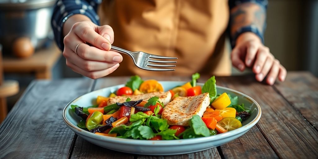 شخص يتناول وجبة صحية على طاولة خشبية