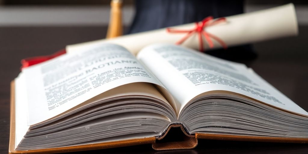 Open book, academic regalia, graduation cap.