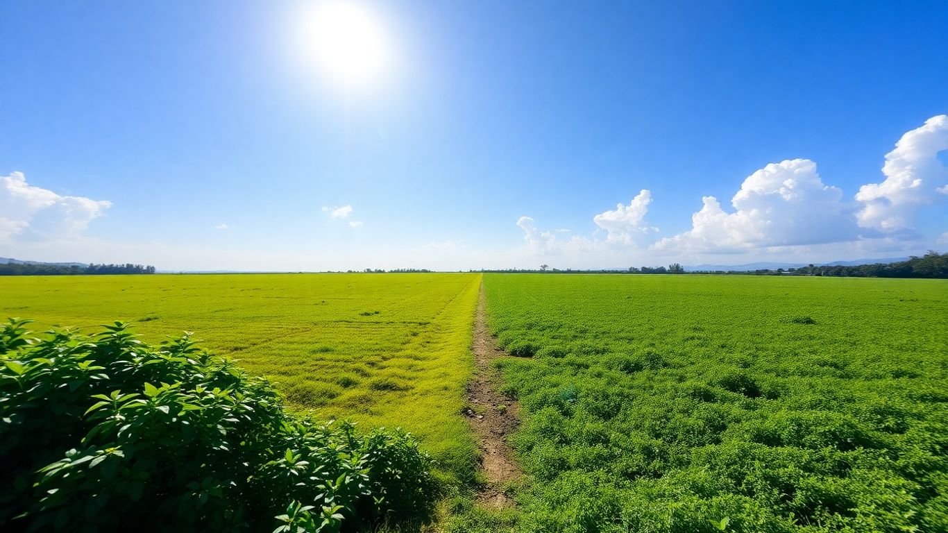 Clear land boundary in Jamaica with green vegetation and open field.