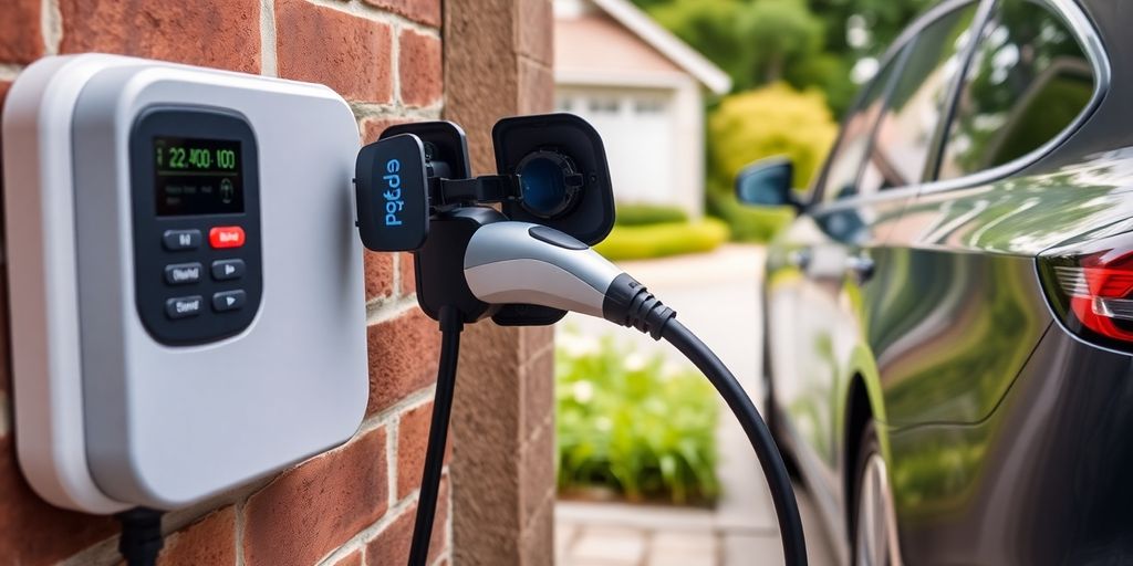 Photo of a home EV charging station in use.