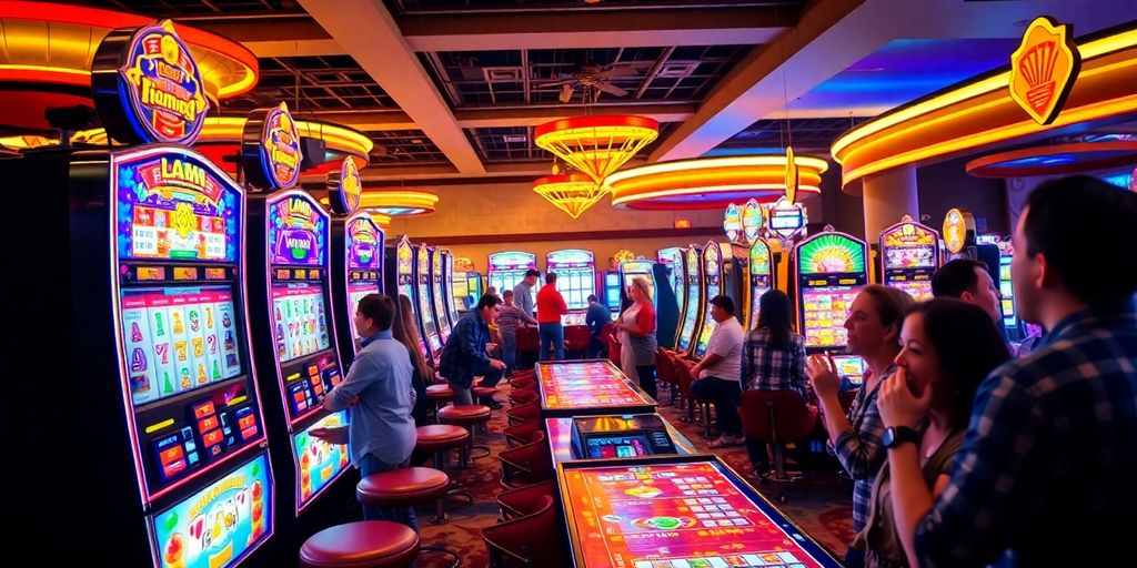 ภาพคาสิโนที่มีผู้เล่นและเครื่องสล็อตสดใส