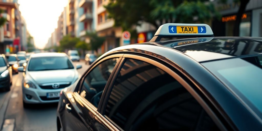 A clean, modern Delhi taxi on a city street.