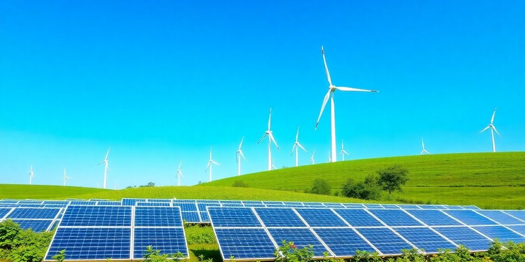 Green landscape with solar panels and wind turbines.