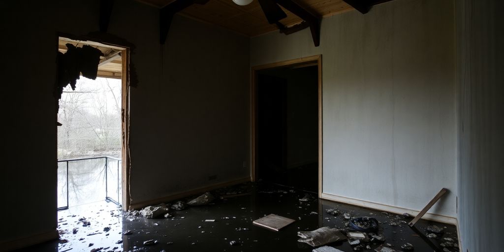 Maison en ruines après une inondation, symbolisant les séquelles.
