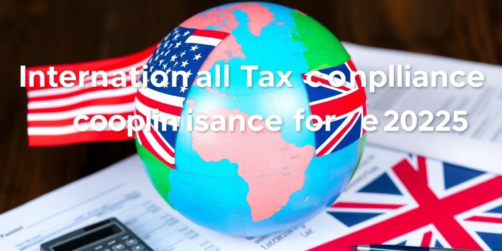 Globe with US and UK flags, financial documents around it.