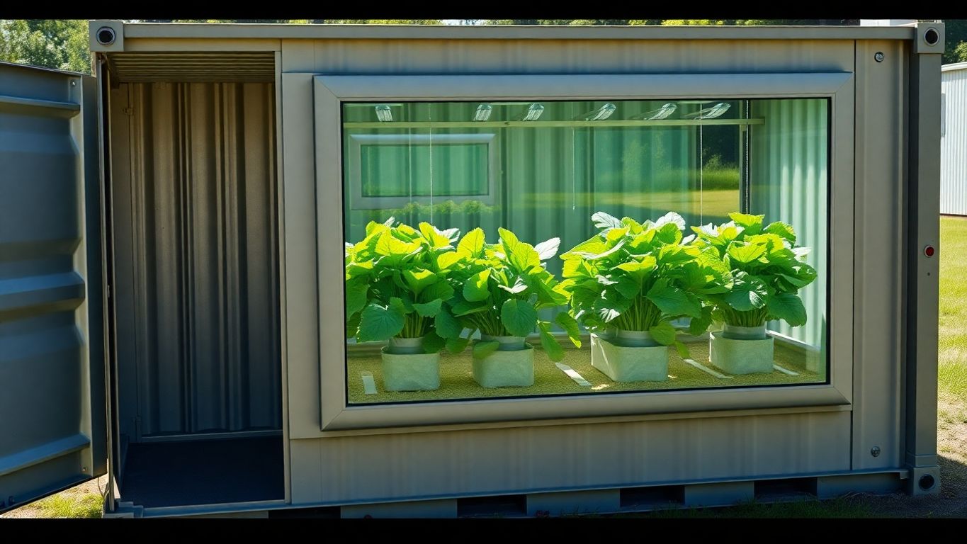 Container farm with green vegetables